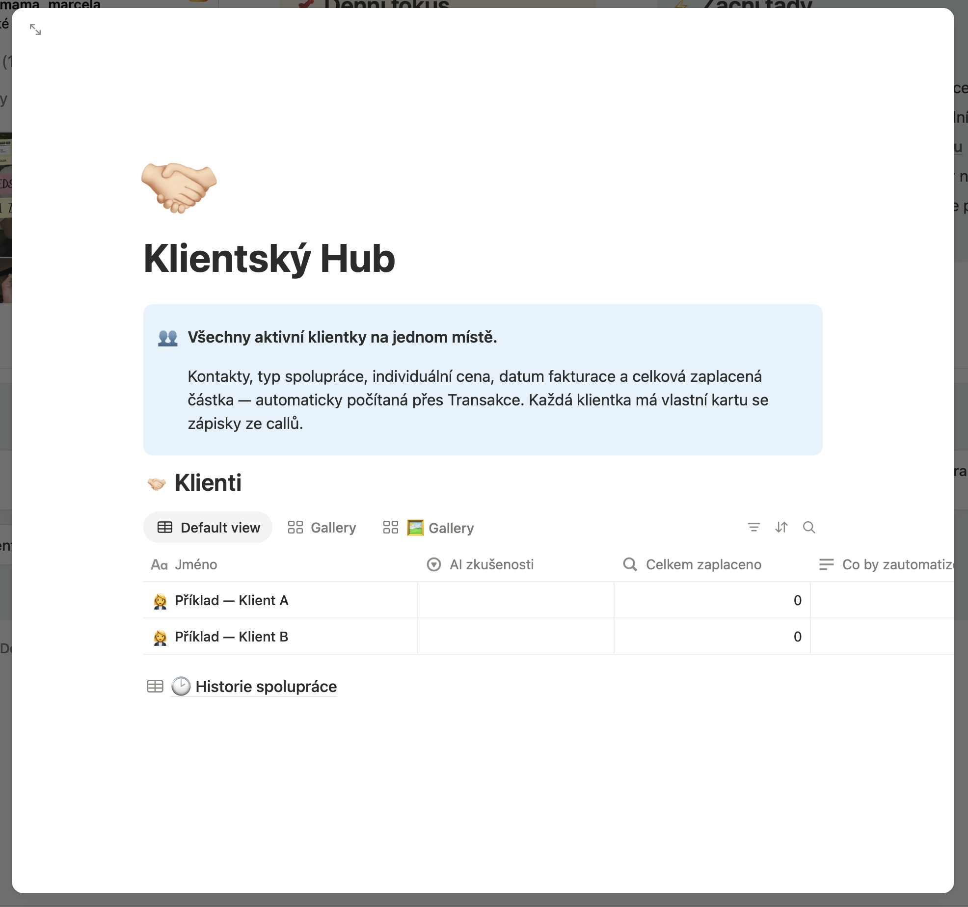 Klientský Hub — kontakty i zaplacené částky